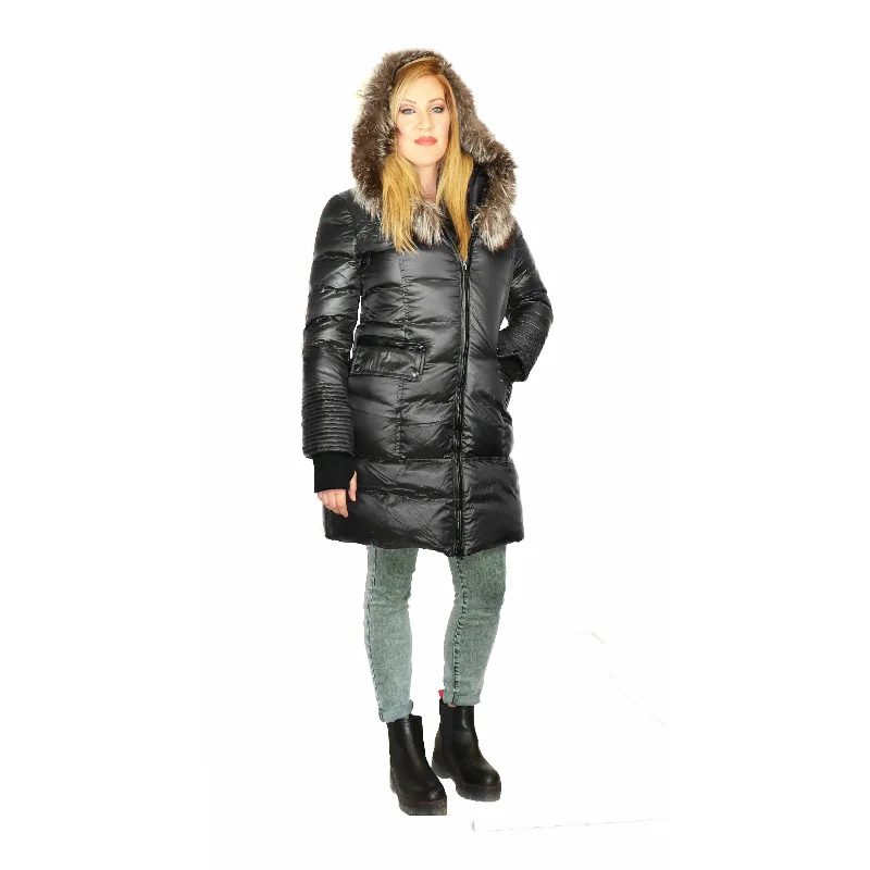 women's plaid coats -Towmy Women's Down Coat with Silver Fox Fur Hood