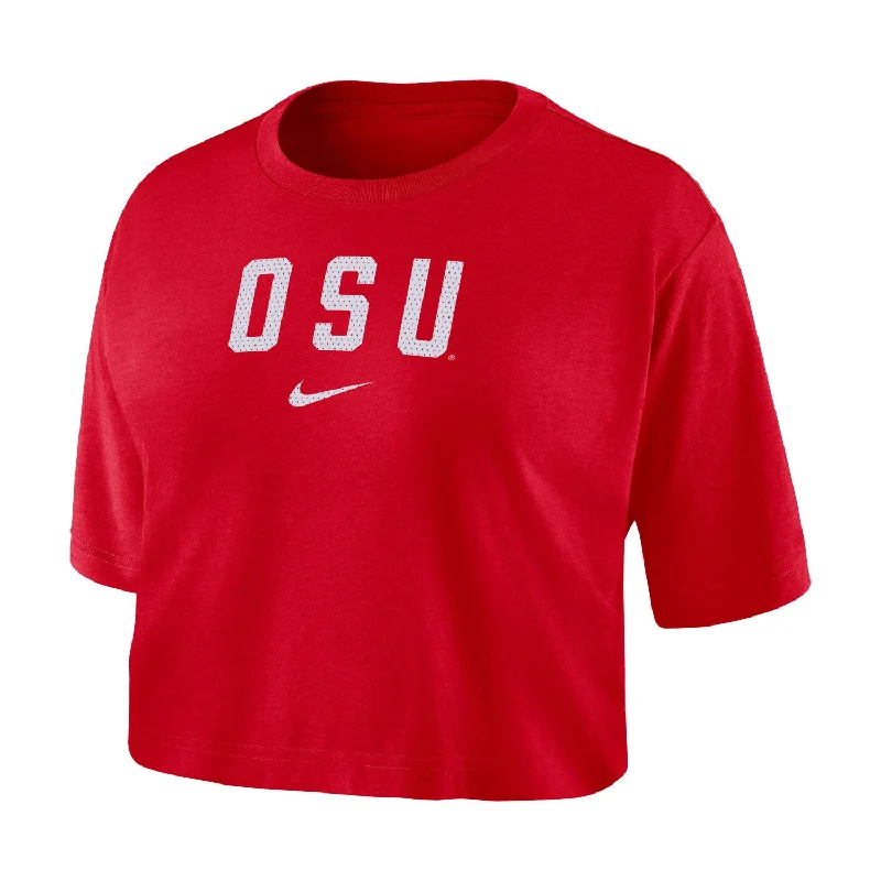 ladies' business casual tops -Ladies Ohio State Buckeyes Nike Dri-FIT Logo Scarlet Crop T-Shirt