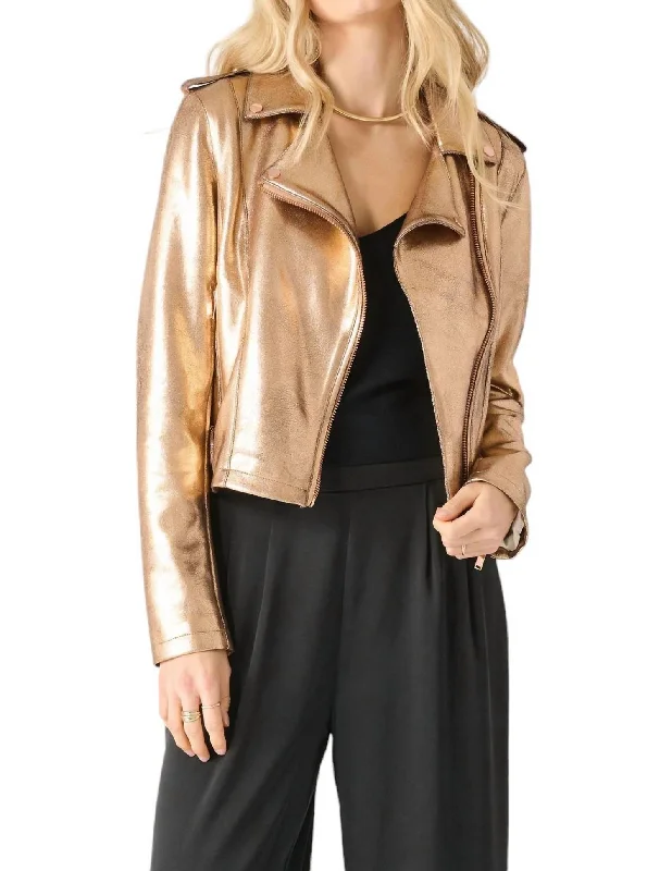 women's cape coats -Moto Metallic Jacket In Rose Gold