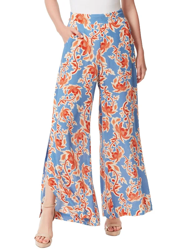 trendy bell-bottom pants for women -Shaye Womens Floral Print Viscose Wide Leg Pants