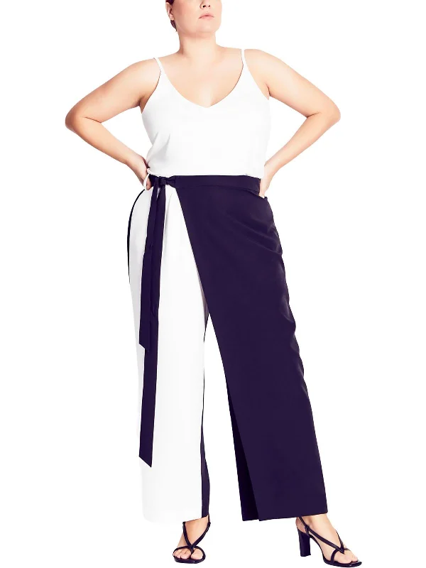 trendy high-waisted shorts for women -Plus Womens Tie Belt Ankle Length Wide Leg Pants