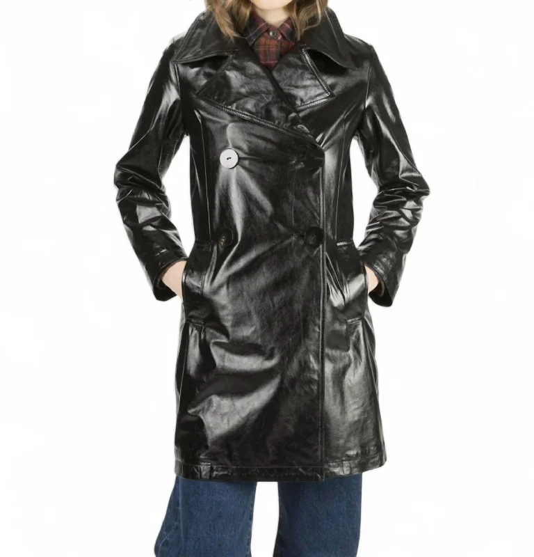 longline coats for women -Bowa Double Breasted Leather Jacket In Black