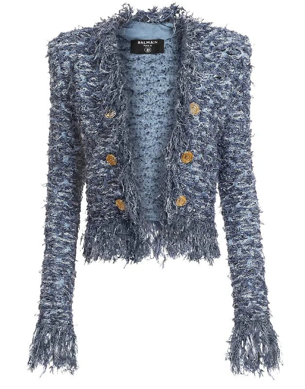 women's leather jackets -Denim Blue Fringe Tweed Jacket