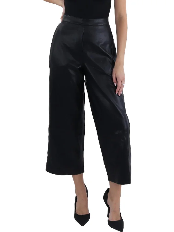 casual shorts for women -Bernie Womens Faux Leather Mid-Rise Wide Leg Pants