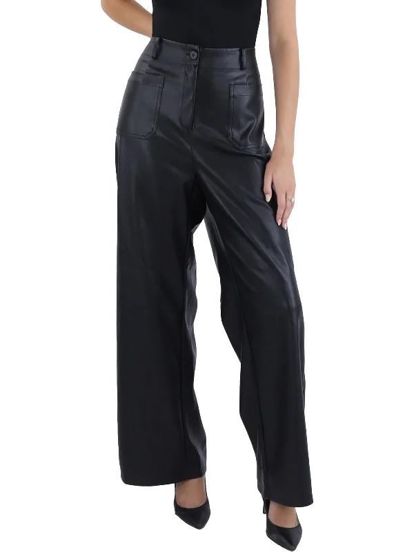 women's velvet pants -Reeve Womens Faux Leather High Rise Wide Leg Pants