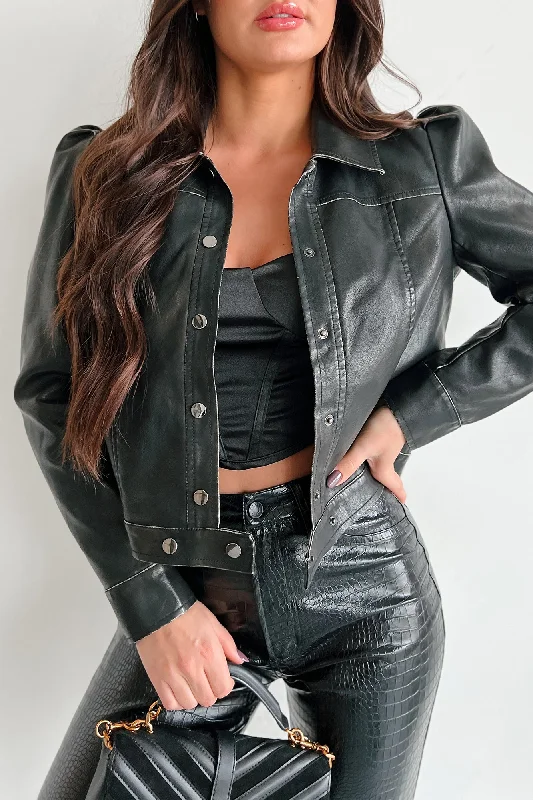 ladies' short coats -Studio City Puff Sleeve Leather Jacket (Washed Black)