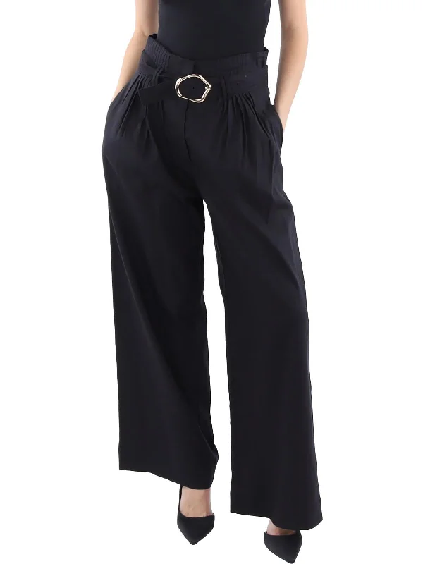 women's ruffled skirts -Womens Belted Pleated Wide Leg Pants