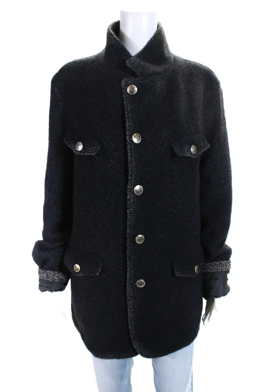 women's parka jackets -Gimos Womens Dark Navy Textured Collar Button Long Sleeve Coat