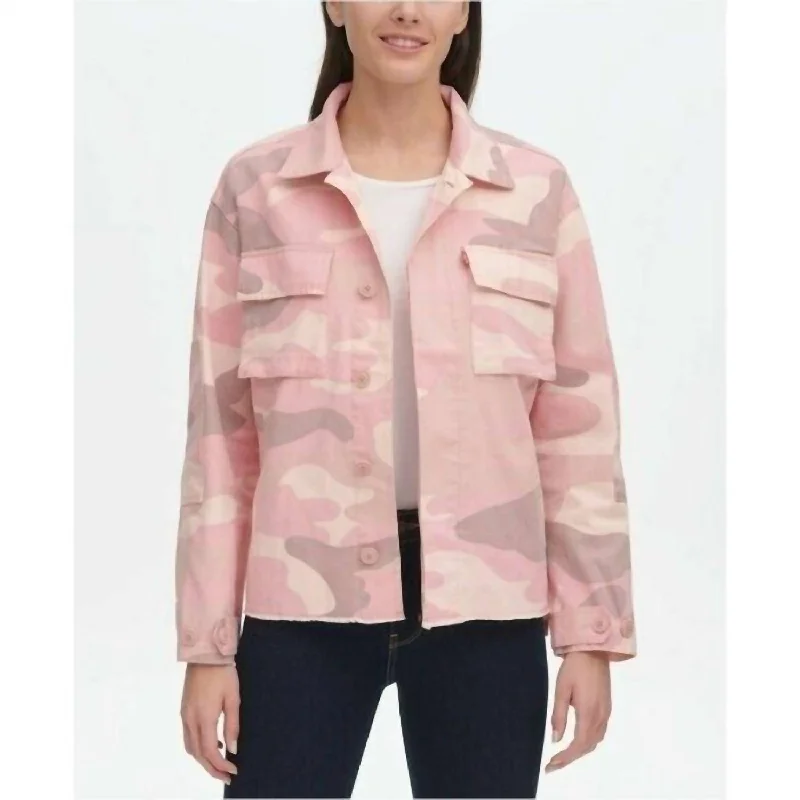 women's casual coats -Two Pocket Camo Print Utility Jacket In Pink