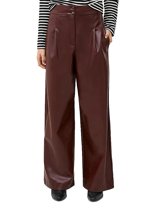 ladies' ruched skirts -Crolenda Womens Faux Leather Pockets Wide Leg Pants