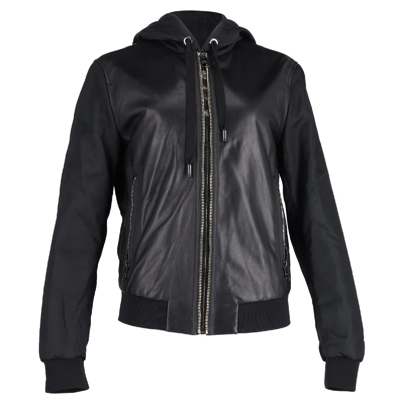 women's longline trench coats -Dolce & Gabbana Zipped Hooded Jacket in Black Leather