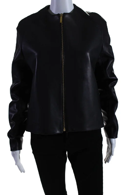 ladies' oversized blazers -The Row Womens Black Leather Silk Lining Full Zip Crew Neck Jacket