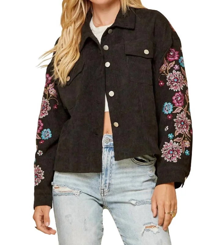 women’s belted blazers -Embroidered Corduroy Jacket In Black