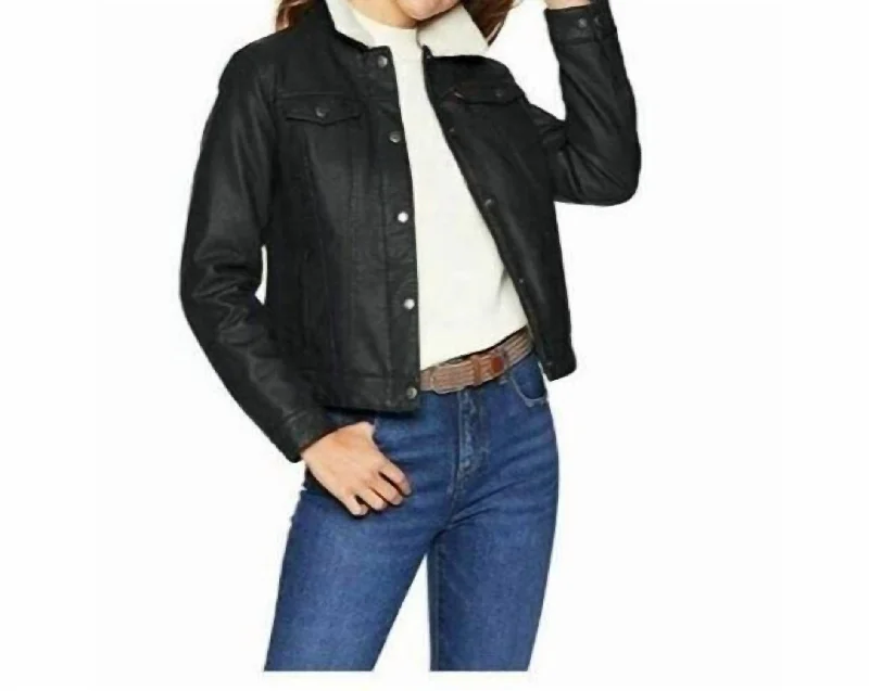 women’s structured blazers -Classic Faux Sherpa Lined Faux Leather Trucker Jacket In Black