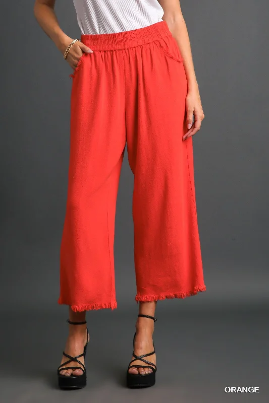 ladies' culottes -Deep Orange Linen Blend  Pant w/ Elastic Waist