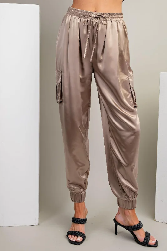 women's yoga leggings -Taupe Satin Cargo Jogger Pants