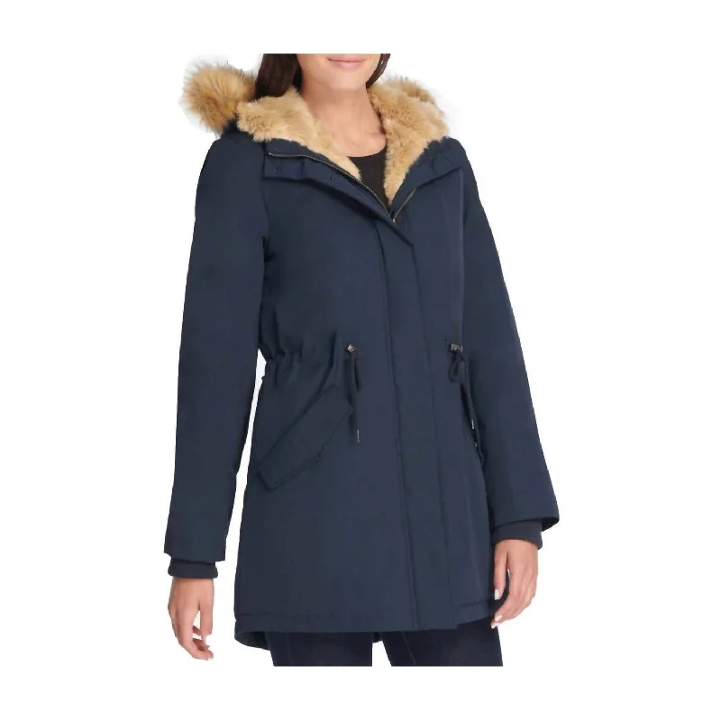 ladies' pea coats -Faux Fur Trimmed Hooded Fishtail Parka Jacket In Blue