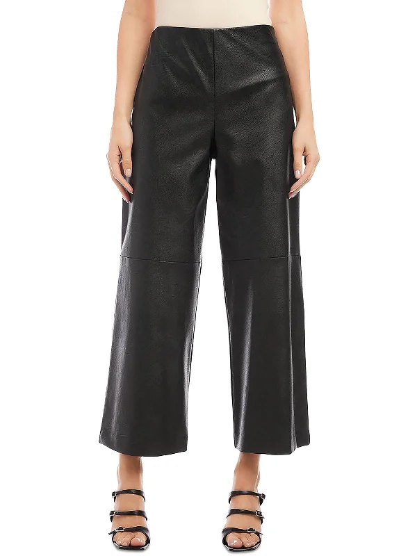 women's faux suede leggings -Womens Faux Leather High Rise Wide Leg Pants