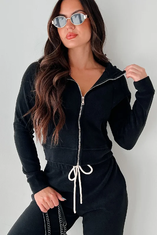 women's faux fur coats -Retro Refresh Hooded Fleece Track Jacket (Black)