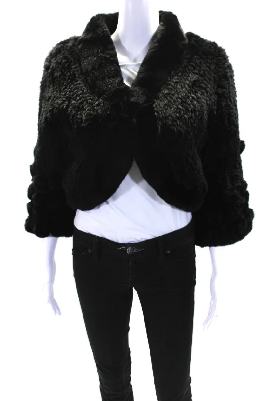 ladies' short coats -Pologeorgis Womens Rabbit Fur Bolero Shrug Cropped Jacket Black