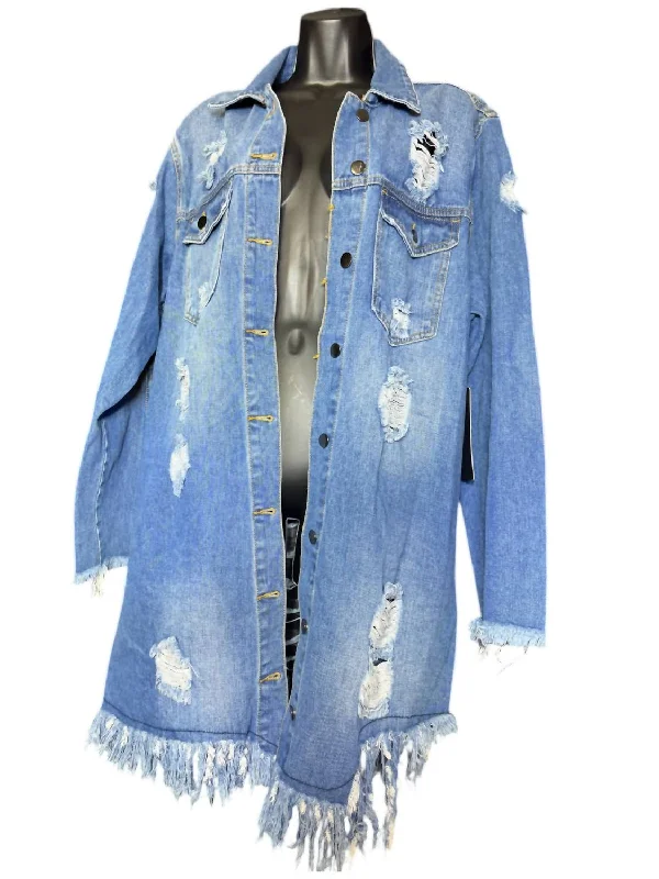 classic leather jackets for women -Women's Distressed Jean Jacket In Blue