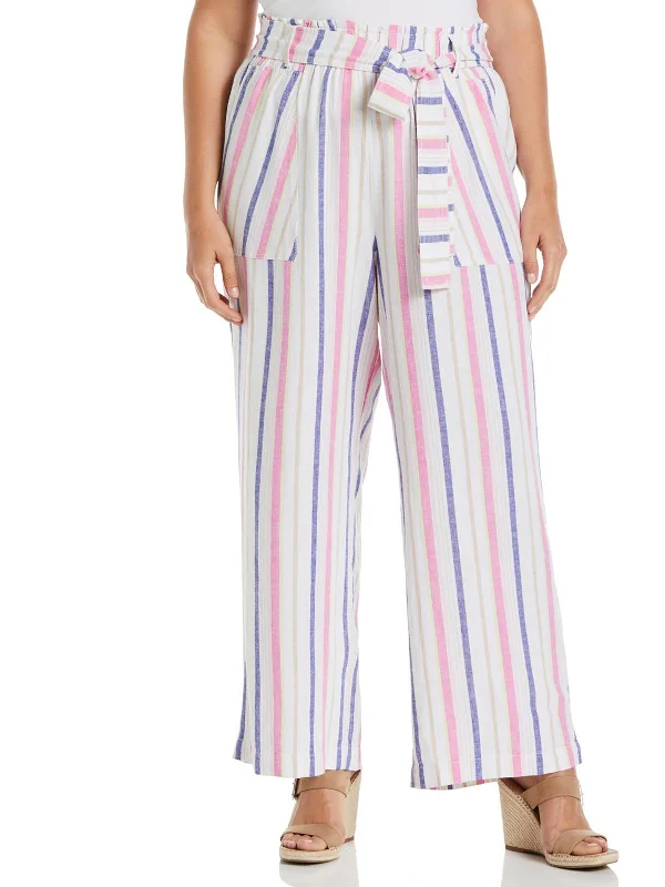 ladies' mid-rise jeans -Plus Womens Striped Belted Wide Leg Pants