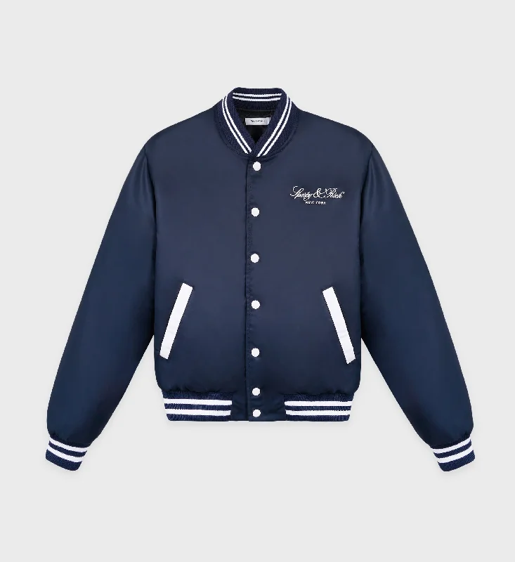 women's down coats -Wellness Boucle Varsity Jacket - Navy/White