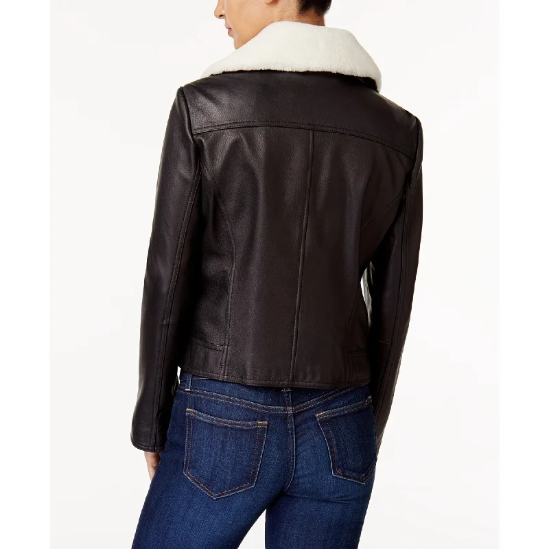 ladies' biker jackets -Michael Michael Kors Black Leather Jacket with Shearling Collar