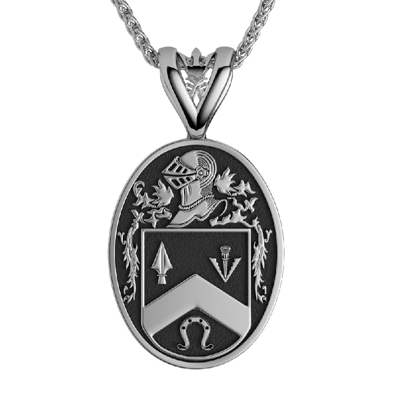 warm wool coats for women -Silver Oxidized Large Oval Shield Coat of Arms Necklace