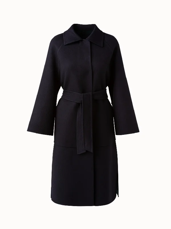 lightweight coats for women -Reversible Check Wool Double-Face Belted Coat