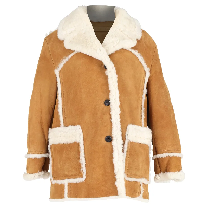 women’s urban-style coats -Miu Miu Shearling Single-Breasted Jacket with Pockets in Brown Suede