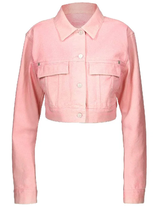 ladies' winter puffers -Candy Pink Sequined Denim Short Denim Jacket