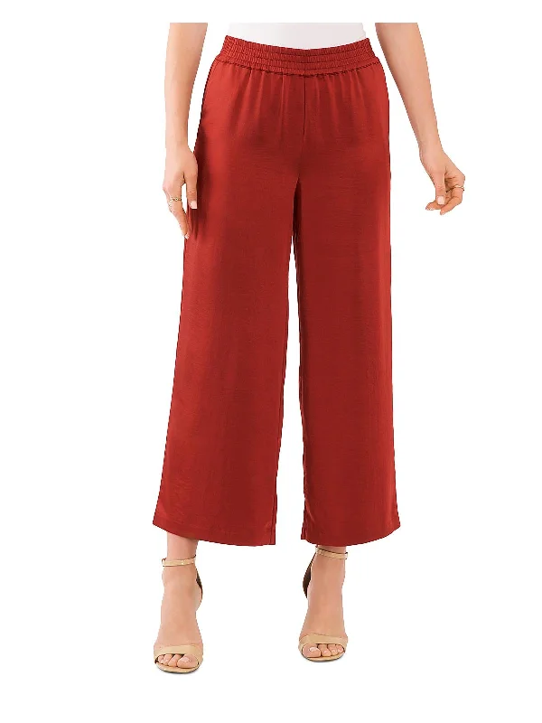 women's faux leather pants -Womens Cropped Satin Wide Leg Pants