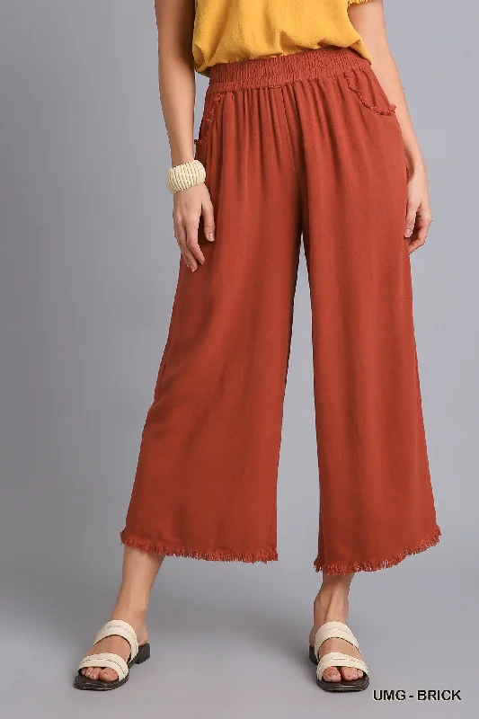 casual wide-leg pants for women -Rust Linen Blend  Pant w/ Elastic Waist