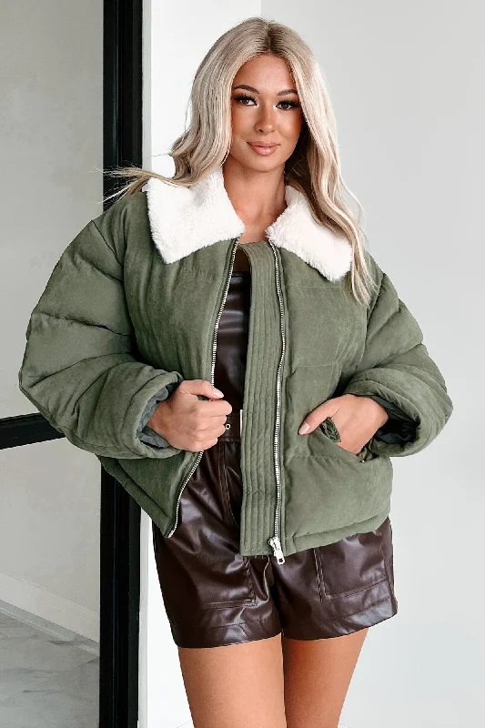 classic coats for women -Icy Looks Faux Fur Collar Puffer Jacket (Olive)