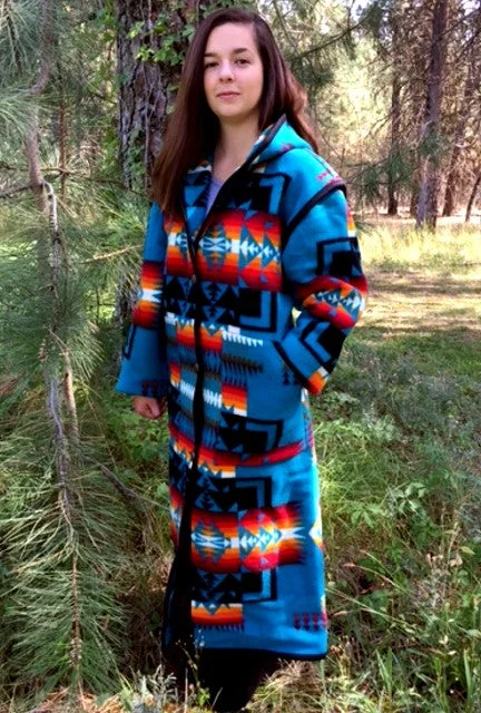 women's zip-up fleece jackets -Kraffs Reversible Long Wool Coat, Chief Joseph Turquoise