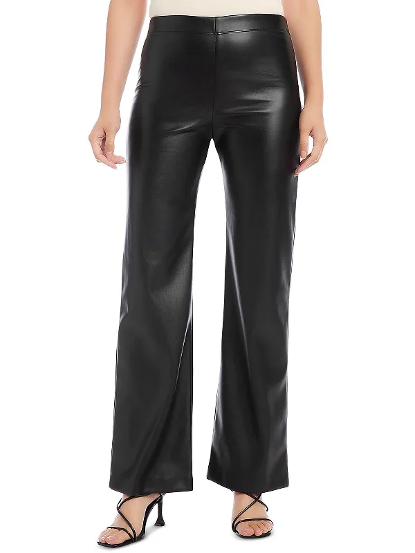 women's faux wrap skirts -Womens Faux Leather Pull On Wide Leg Pants