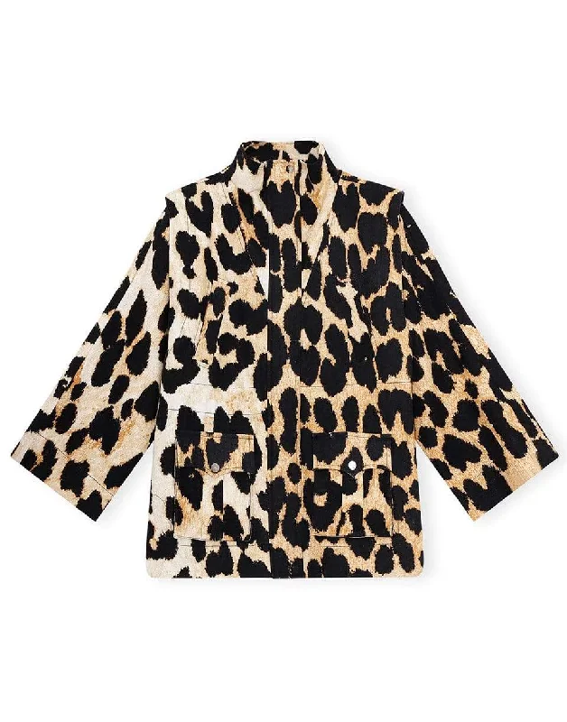 women's teddy bear coats -Leopard Linen Canvas Jacket