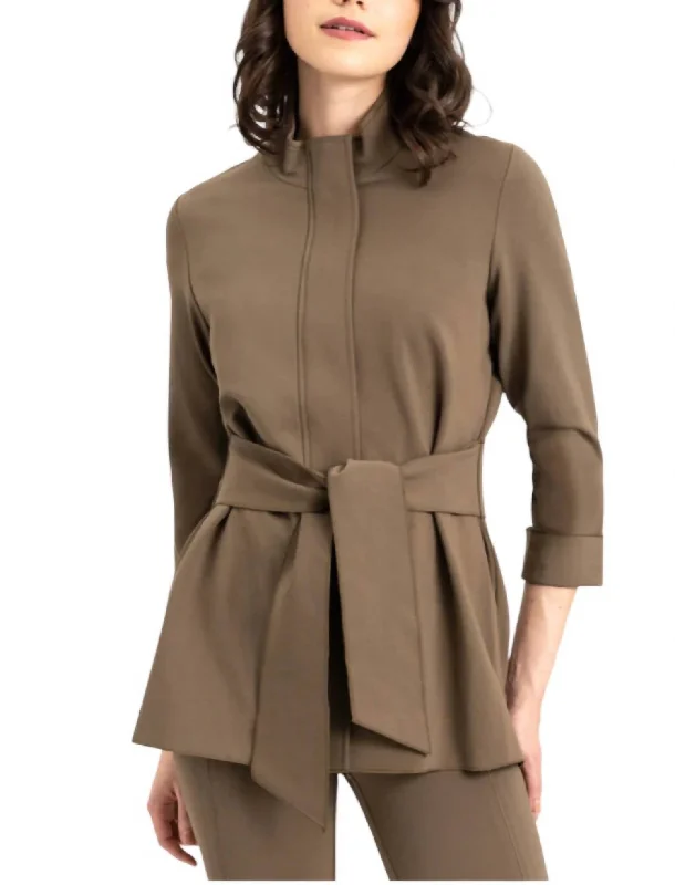 women's elegant winter coats -Tie Front Jacket In Cedar Combo