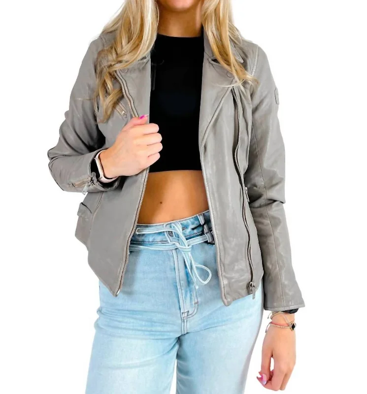 women's plaid coats -Sofia Leather Jacket In Silver Gray