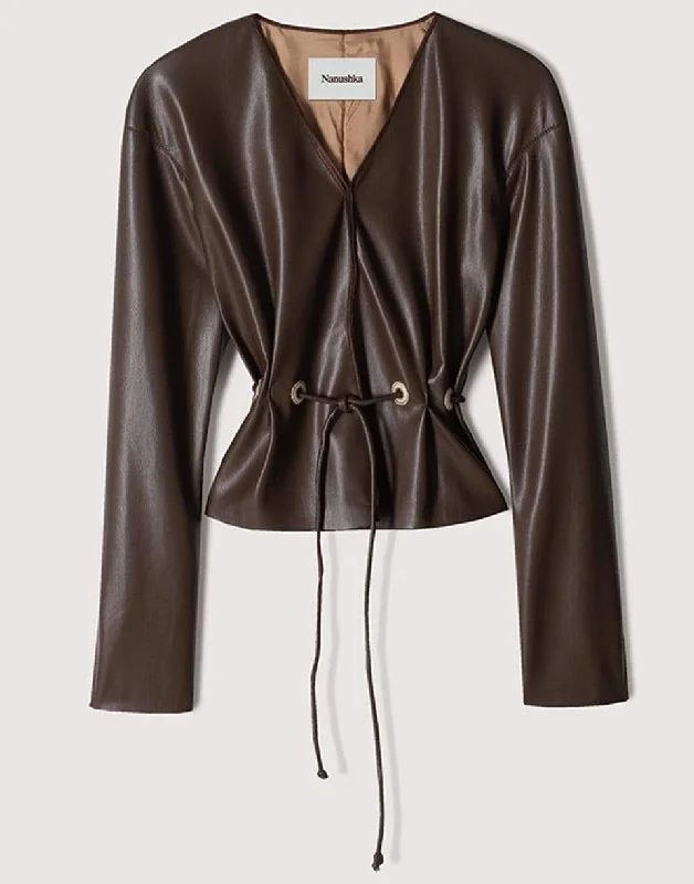 trendy leather jackets for women -Dark Brown Vegan Leather Faroe Jacket