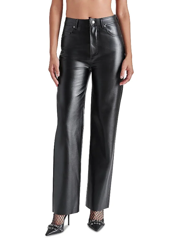 women's soft lounge shorts -Loren Womens Faux Leather Mid-Rise Straight Leg Pants