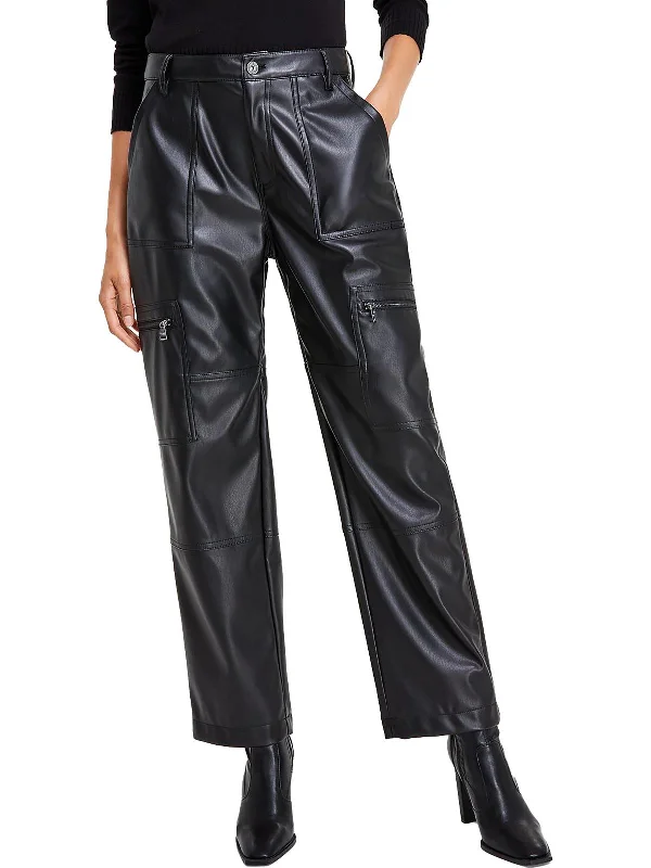 classic chino pants for women -Womens Faux Leather Embossed Cargo Pants