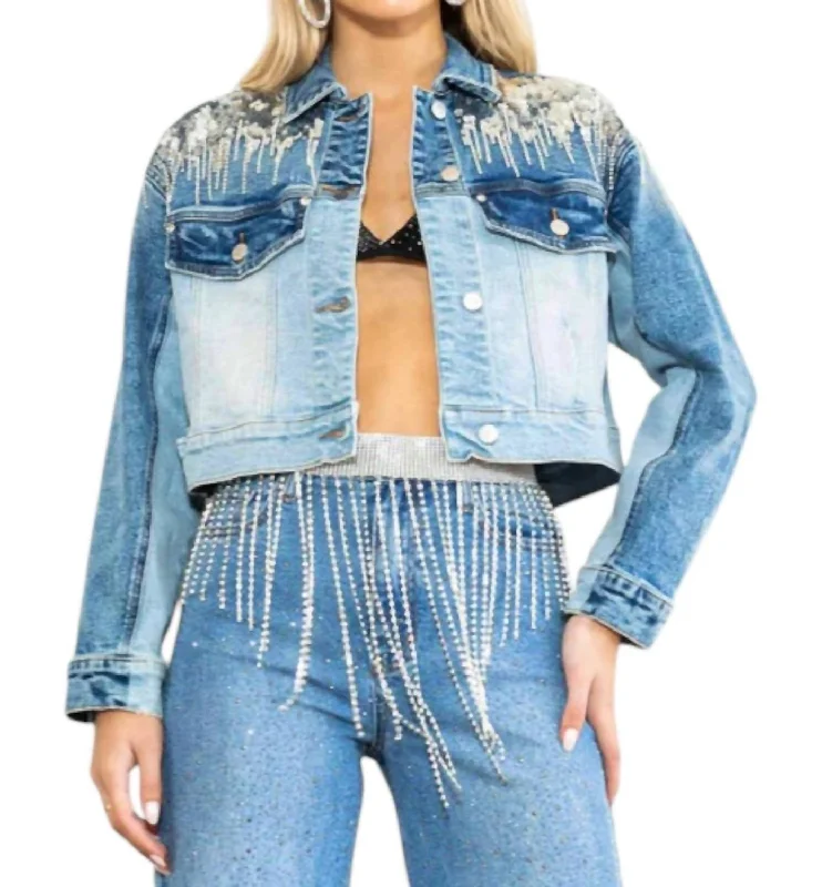 warm coats for women -Celeste Rhinestone Studded Denim Jacket In Blue