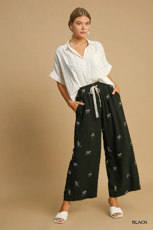 women's slouchy trousers -Black Linen Blend Pants w/ Ecru Embroidered Bows