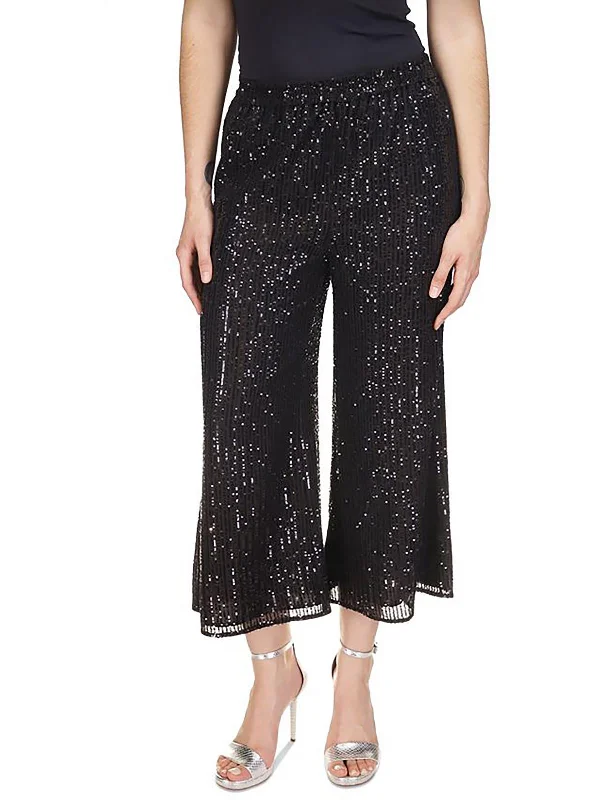 women's yoga leggings -Petites Womens Sequined Wide Leg Cropped Pants