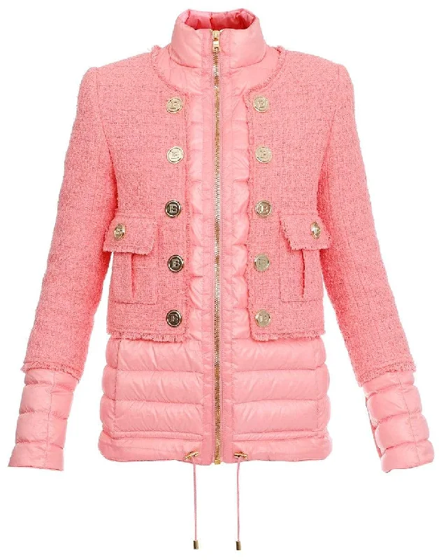 ladies' zip-up jackets -Pink Zippered Tweed Layered Button Jacket