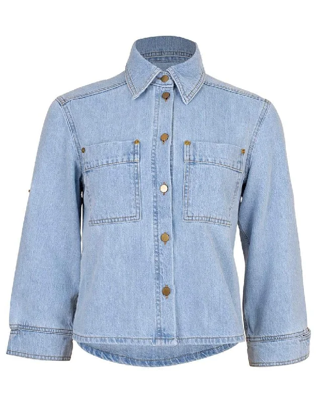 women's button-up coats -Cropped Sleeve Denim Jacket