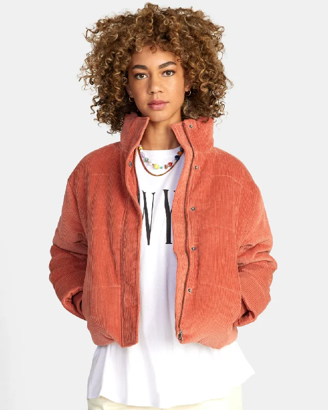 women's quilted jackets -Eezeh Corduroy Puffer Jacket - Cinnamon