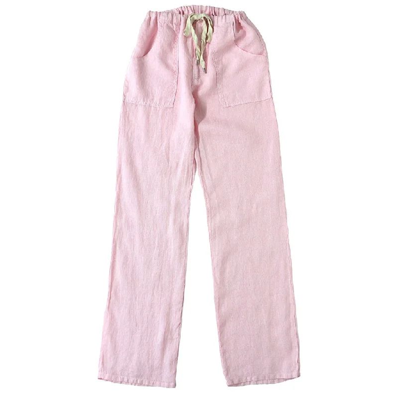 ladies' formal trousers -Button Drawstring Linen Pants 2 Front Patch Pockets - Pink Clover